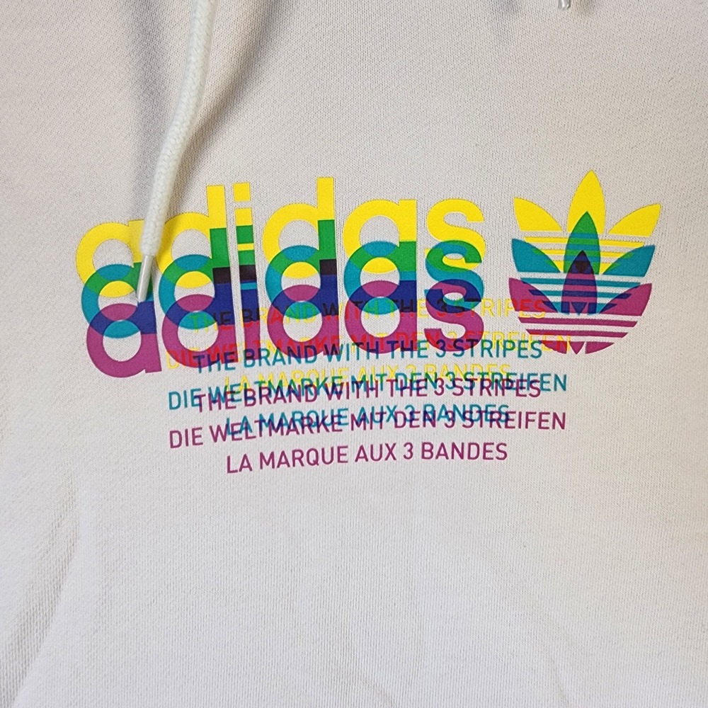 Adidas Hoodie Mens XL Cream Good Rainbow Trefoil Graphic Pullover Sweatshirt - Picture 2 of 11